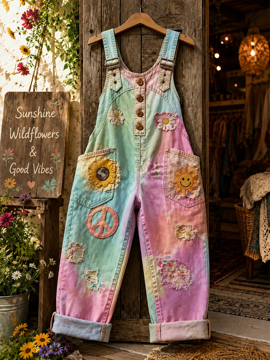 Women's Retro Style Art Print Washed Cotton Denim Patchwork Jumpsuit